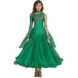 Kanten ballroomwedstrijdjurk Korte mouw wedstrijdmoderne jurk Waltz Foxtrot Standaard ballroomdame Geborduurde jurk Waltz (Color : Green, Size : XL)
