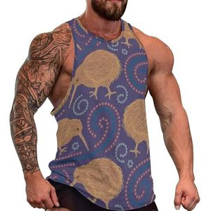 Kiwi Vogel met etnische elementen heren tanktop grafische mouwloze bodybuilding T-shirts casual strand T-shirt grappige gym spier