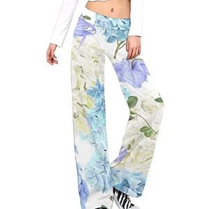 Blauwe hortensia damesbroek, casual broek, elastische taille, loungebroek, lange yogabroek, rechte pijpen