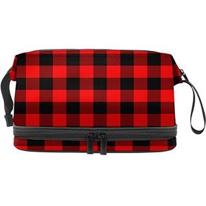 Dubbele Laag Cosmetische Tas Kerst Plaid Draagbare Make-up Tas Reizen Organizer Pouch voor Vrouwen Meisjes Toiletartikelen Tassen, Meerkleurig, 27x15x14 cm/10.6x5.9x5.5 in, Make-up zakje