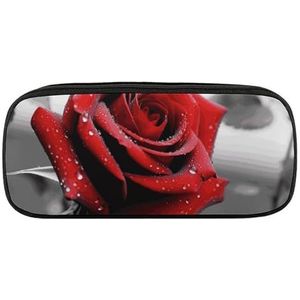 VFMKT Lederen etui waterdicht schattig pennenetui reizen cosmetische make-up tas organisator pennenhouder voor mannen vrouwen, zwart en wit rode roos, Stijl, Eén maat