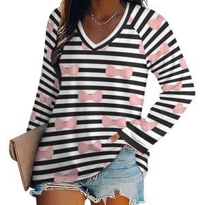 Roze strikken Zwart Wit Streep Vrouwen Lange Mouw V-hals T-shirts Herfst Tops Trui Tuniek Tee voor Leggings