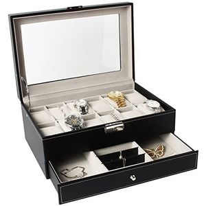 Todeco - Sieradendoosje voor horloges, horlogedoos, juwelenkistje voor dames en heren, 12 horloges, sieradenlade en display, afmetingen: 30 x 20 x 14 cm, grijs
