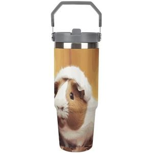 FHECVBN Grote Capaciteit Auto Cup Koffie Tumbler Leuke Cavia Koffie Mok Flip Stro Tumbler RVS Cup Geïsoleerde Tumbler Travel Mok 30oz