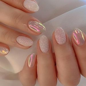 24 stuks ovale korte kunstnagels met slang- en sterpatroon, zwart Frans, nepnagels kort, amandel medium voor vrouwen, nagels nepnagels voor nagels kunst 20 aurora & glitter 20