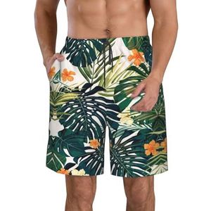 JIAWUJYNB Tropische zomer Hawaiiaanse bloemenpalmbladeren print heren strandshorts zomer shorts met sneldrogende technologie, licht en casual, Wit, M