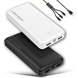 Amanneh PowerBank 20.000 mAh externe oplader, ultra snel draagbare oplader met 2 ingangen en 2 uitgangen oplader LED + multifunctionele 3-in-1 kabel compatibel met iPhone Samsung USB C en Micro USB