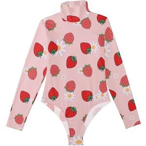 LI ZHI XIN Rompertje met lange mouwen voor dames, lange mouwen, eendelige jumpsuit met rolkraag, turnpakje, top voor meisjes, dans, workout, fitness, body, cartoon, aardbeienpatroon, Meerkleurig, S