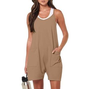 BANGHA Jumpsuits Voor Vrouwen Zomer Casual Jumpsuits Voor Vrouwen Zomer Casual Mouwloos Verstelbare Schouderriem Losse Rompertjes Dames Mode Comfortabele Overalls Broek Shorts, Lichtbruin, XXL
