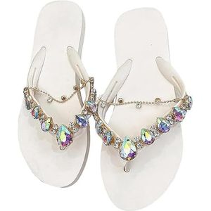 Slippers met strassketting, comfortabele glanzende platte flip-flop Boheemse sandalen voor dames (37,white)