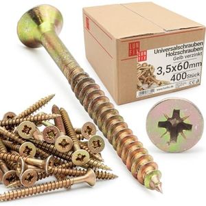 LUN FIX Universele schroef 3,5 x 60 mm, 400 stuks, kruiskop PZ2, verzonken kop, houtschroeven, geel verzinkt, multifunctionele schroeven, kruiskopschroeven