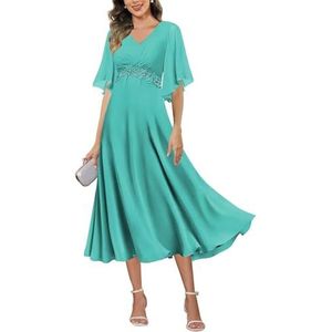 HPPEE Damesjurken voor dames, lange jurk voor moeder van de bruid met mouwen, Empire-taille, A-lijn, chiffon, formele avondjurk, Turkoois, 52 grote maten