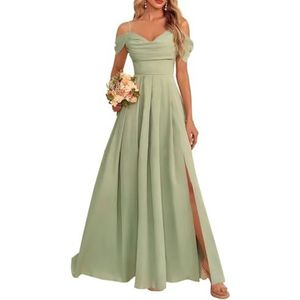 Dames chiffon bruidsmeisjes jurken met split lange galajurken ruches cocktailjurk plus size, Salie, 32