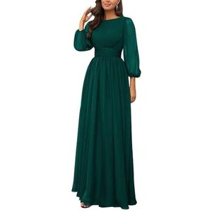 KURFACE Bruidsmeisjesjurken met lange mouwen, geplooide ronde hals, chiffon, bruidsmeisje, formele avondjurk, Turkoois, 32