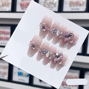 Verwijderbare en draagbare nail art Franse amandel Ombre handgemaakte pers op nagels Lange acryl valse nageltips InNail (Color : 29109, Size : S)