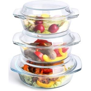 HUSANMP Set van 6 ronde ovenvormen van gehard glas, 1 l + 1,5 l + 1,8 l glazen bakvorm met deksel voor oven, vriezer en vaatwasmachinebestendig