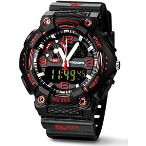 Militaire horloges voor heren, 5 atm waterdichte buitensporthorloges, analoge digitale dual display led Watch, zakelijke casual elektronische chronograaf,Black red