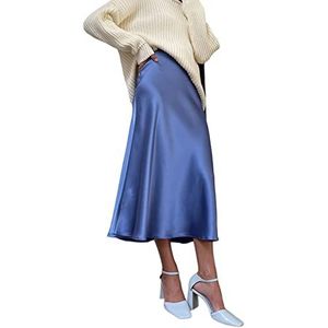 JACTZ Satijnen Rok Vrouwen Zijden Satijnen Rok Zomer Elegante Lange Rokken Hoge Taille A-lijn Mooie Gril Midi Rok, Blauw, L