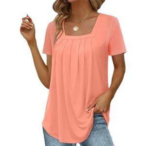 HHuiXinXue Dames zomer T-shirt rechthoekige hals tuniek tops geplooide casual korte mouwen T-shirts, roze, L