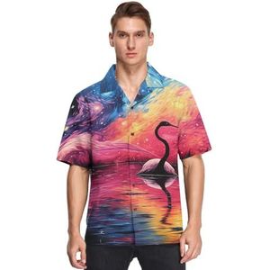 KAAVIYO Aquarel Roze Cartoon Flamingo Shirts voor Mannen Korte Mouw Button Down Hawaiiaanse Shirt voor Zomer Strand, Patroon, S