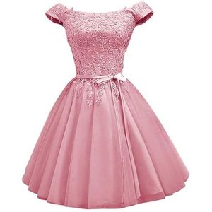 YIANN Off-shoulder satijnen thuiskomst jurken voor tieners met kanten applicatie mouwloze A-lijn baljurk korte galajurk, Dusty Roze, 32