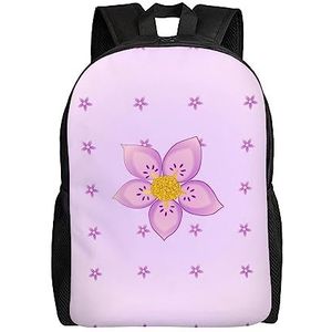 Vlindervormige bloem unisex lichtgewicht schooltassen, rugzakken voor heren en dames, casual dag- en reistassen. Schoudertas, Paarse bloemen met vijf bloembladen, Eén maat