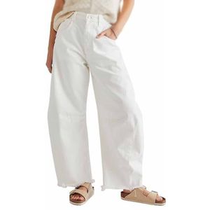 Barrel Jeans Dames, Vintage Baggy Wide Leg Jeans Barrel Horseshoe Boyfriend Cropped Raw Zoom Denim Pant(Color:White,Size:L)