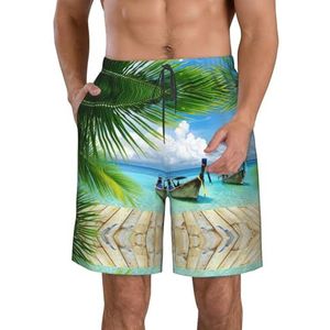 Schedel Print Heren Zwemmen Shorts Trunks Mannen Sneldrogend Ademend Strand Surfen Zwembroek met Zakken, Coconut Bladeren aan zee, XXL