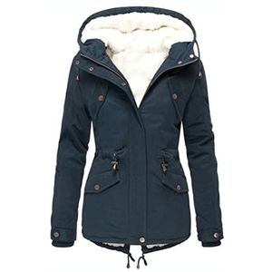 Dames winterjas, winterjas, damesparka, katoenen jas, lange winterjas met capuchon, warme winddichte winterparka, Donkerblauw, M