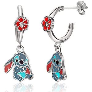 Disney Lilo en Stitch Hoop Earrings - Brass Dangle Oorbellen met geëmailleerde Hibiscus bloemen en stiksels - Officieel gelicentieerd