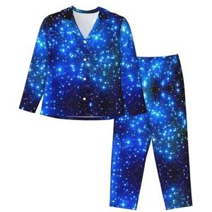 JEJEA Blauwe glanzende sterren print comfortabele 2-delige nachtkleding lounge set pyjama set lange mouw nachtkleding nachtkleding, Zwart, S