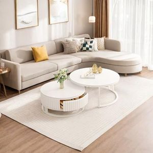 Witte Salontafel Rond Nest van Tafels Marmeren Salontafel Set van 2 Salontafels voor de Woonkamer Centrumtafel met Opbergruimte Nesting Tafels met Stille Schuiven en Metalen Frame Ronde Bijzettafel