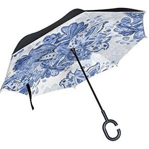 RXYY Winddicht Dubbellaags Vouwen Omgekeerde Paraplu Bloemenprint Waterdichte Reverse Paraplu voor Regenbescherming Auto Reizen Outdoor Mannen Vrouwen