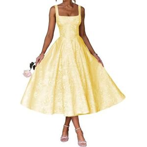 AHERKLL Spaghetti Bandjes Bruidsmeisjes Jurken Bloemen Satijn Jacquard Formele Avond Feest Maxi Jurk Thee Lengte HAH047, Geel, 32