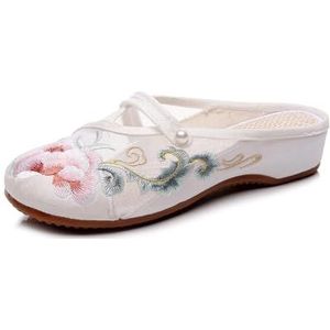 2024 Zomer Mesh Ademende Bloem Geborduurde Slippers Lage Hak Oude Beijing Doek Schoenen Ronde Neus Hanfu Oude Stijl Schoenen Voor Vrouwen(Color:White,Size:40 EU)