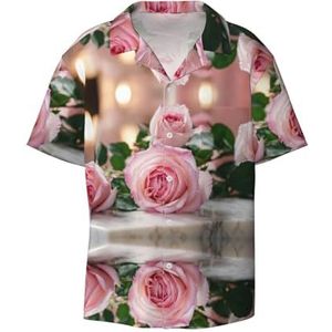 EdWal Roze Rose Print Heren Korte Mouw Button Down Shirts Casual Losse Fit Zomer Strand Shirts Heren Jurk Shirts, Zwart, XL