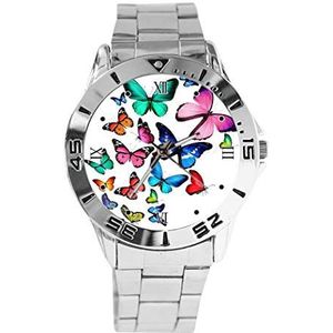Kleurrijke vlinders ontwerp analoog polshorloge quartz zilveren wijzerplaat klassieke roestvrij stalen band vrouwen mannen horloge