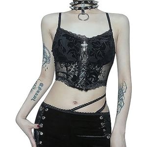 Kanten korset voor dames, V-hals, camisole camisole crop tanktop, verstelbare lingerie, bustier, spaghetti strap, crop top, gothic punkstijl, zwart, 32-34