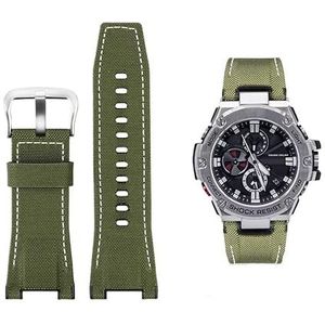 Mannen Canvas lederen horlogebandje 26 MM Fit for Casio GST-B100 S130 W300GL 400G W330 GST-W120L s120 W130L S100 Serie horloge accessorie (Color : Green canvas silver, Size : 26mm)