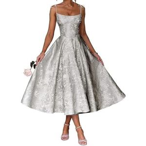 AHERKLL Spaghetti Bandjes Bruidsmeisjes Jurken Bloemen Satijn Jacquard Formele Avond Feest Maxi Jurk Thee Lengte HAH048, Zilver, 32