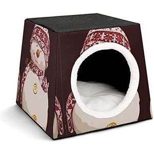 Decoratief Kattenhuis Kubushuis Opvouwbare Kattenbed Kattenbank 3-in-1-ontwerp voor kleine huisdieren Rode Sjaal Sneeuwpop