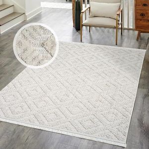 carpet city Laagpolig tapijt voor woonkamer, beige, 200 x 290 cm, ruitlook, 3D-look, franjes, modern, boho, voor slaapkamer, eetkamer