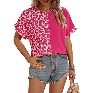 dames topjes Blouse met vleermuismouwen en luipaardprint - Felroze, casual, korte mouwen, normale pasvorm (Color : Hot Pink, Size : M)