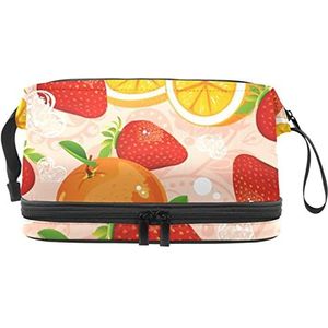 Dubbellaags Cosmetische Tas Aardbei Oranje Draagbare Make-up Tas Reizen Organizer Pouch Voor Vrouwen Meisjes Toiletries Tassen, Meerkleurig, 27x15x14 cm/10.6x5.9x5.5 in, Make-up zakje