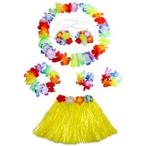 Dames meisjes hoelarok 40 cm 5 stks/6 stuks Hawaiiaanse hoelagras dansrok met Leis kostuum elastisch gras Hawaiiaanse bloem armbanden hoofdband ketting (kleur: geel, maat: 40 cm 6 stuks)