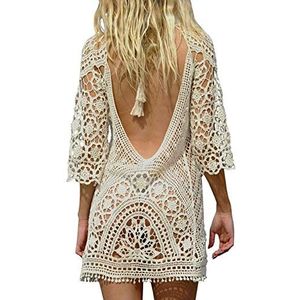 Dames bikini cover up sexy boho rugvrije kant strandjurk strandponcho zomerjurken, beige - 1, Eén maat