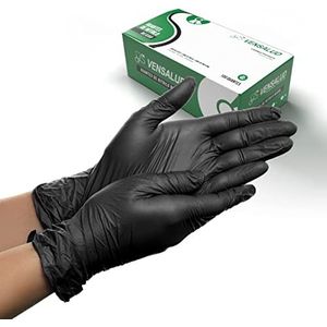VENSALUD | NITRILE Wegwerphandschoenen | Powder Free | Resistent | Voor laboratoria, sanitair, keuken, tattoo studio's, veterinaire, reiniging, onderzoek | Latex Free 100 stuks | Zwart | Maat S