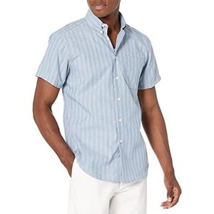 Naked & Famous Denim Heren korte mouwen Easy Shirt Fit Button Down in Stripes-Pale Blue Shirt met lage knoop, Vintage Dobby Strepen - Lichtblauw, Maat XL Heren