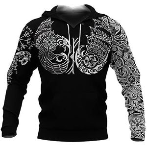 Mens Noorse Mythologie Viking Rune Pullover Hoodie, Vintage Odin Crow Tree Of Life Tattoo Sweatshirts, Middeleeuwen Totem Print Koord Met Lange Mouwen Streetwear