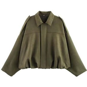 RVUEM Women's Faux Suede Bomber Jacket, Casual Lapel Pilot Cropped Coat, Oversized Long Sleeves, Motorcycle Jackets, 2025 Outerwear,Army green,L
